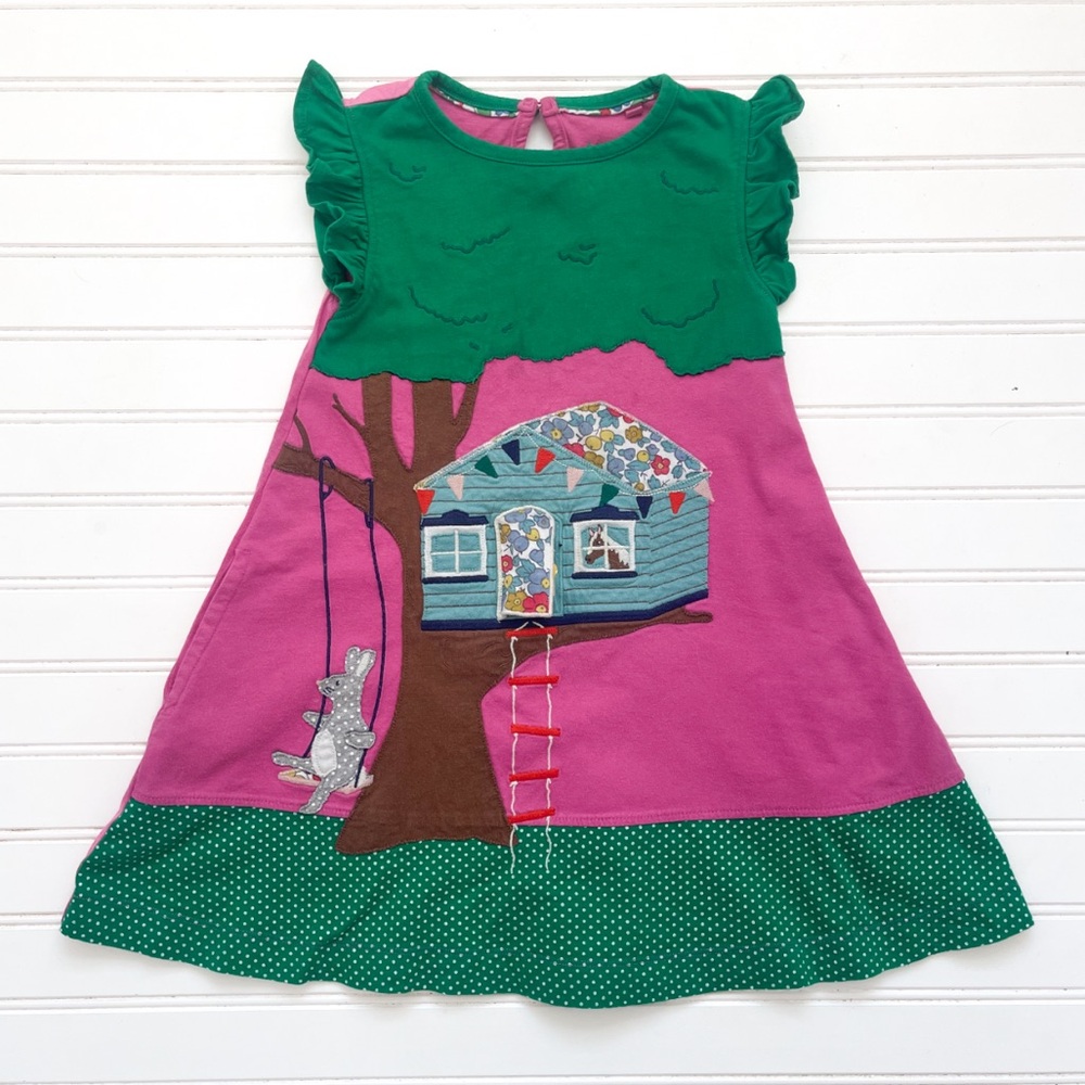 MINI BODEN VGUC Adorable Treehouse Embroidered Appliqué Ruffle Dress